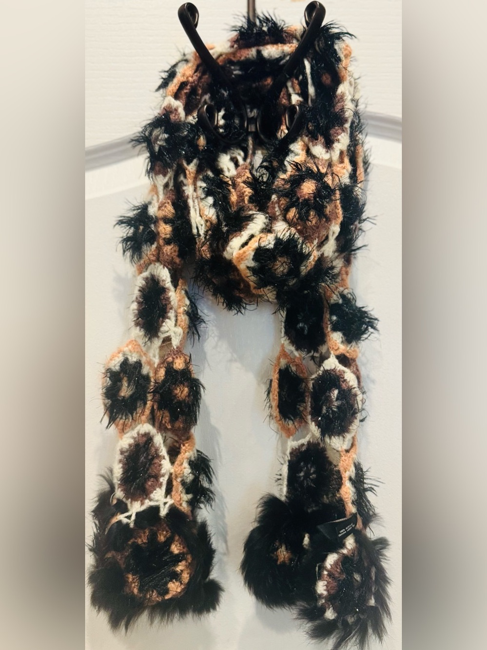 KENNETH COLE Crocheted Scarf Rabbit Fur Poms Black Tan Cream NWOT